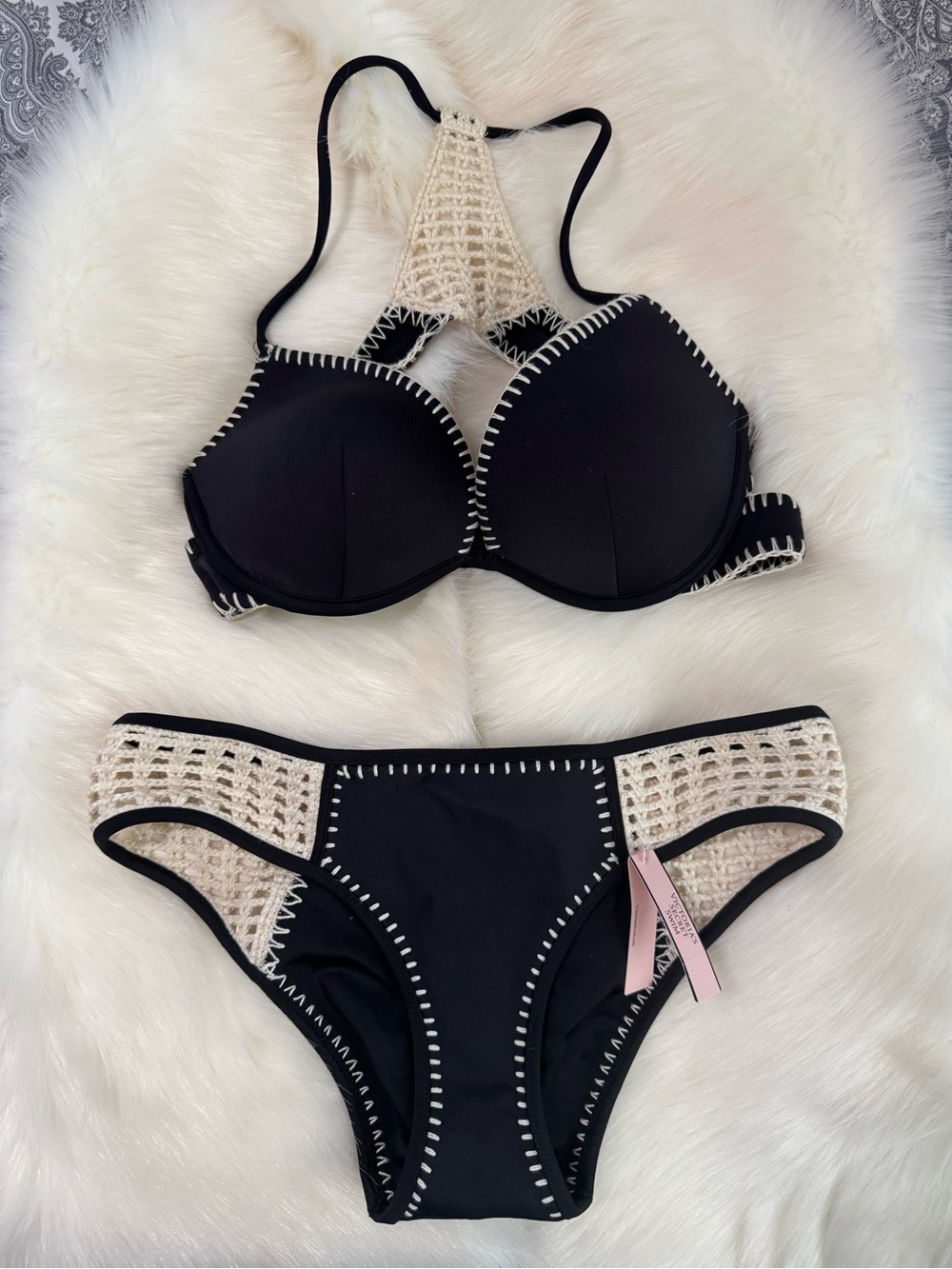 Victoria's Secret Black and Cream Crochet Racerback Bikini